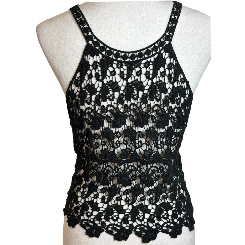 Black Crochet Lace Boho Halter Top Womens S Festival Goth Sheer Guipure Floral - Picture 2 of 11